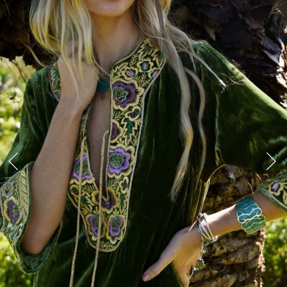$999 ISO Chasing Unicorns Forest Velvet Tunic with Floral Embroidery